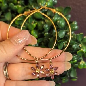 Gold Hoop Earrings with Pink Flower Charms